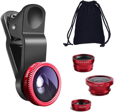 KINGMAS 3 en 1 Universal Fish Eye & Macro Clip Kit de Lente de cámara para iPad iPhone 7 6 5 Samsung Blackberry HTC y la mayoría de Smartphones (Rojo)